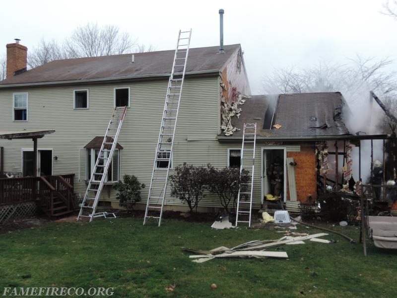 An aggressive, coordinated fire attack prevented this fire from extending into the attached dwelling. 